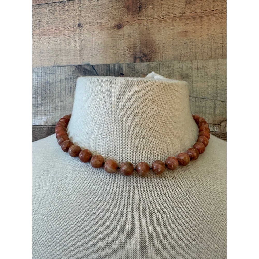 Natural Terracotta Stone Beaded Necklace Hand Knotted Boho Choker 17 Inch